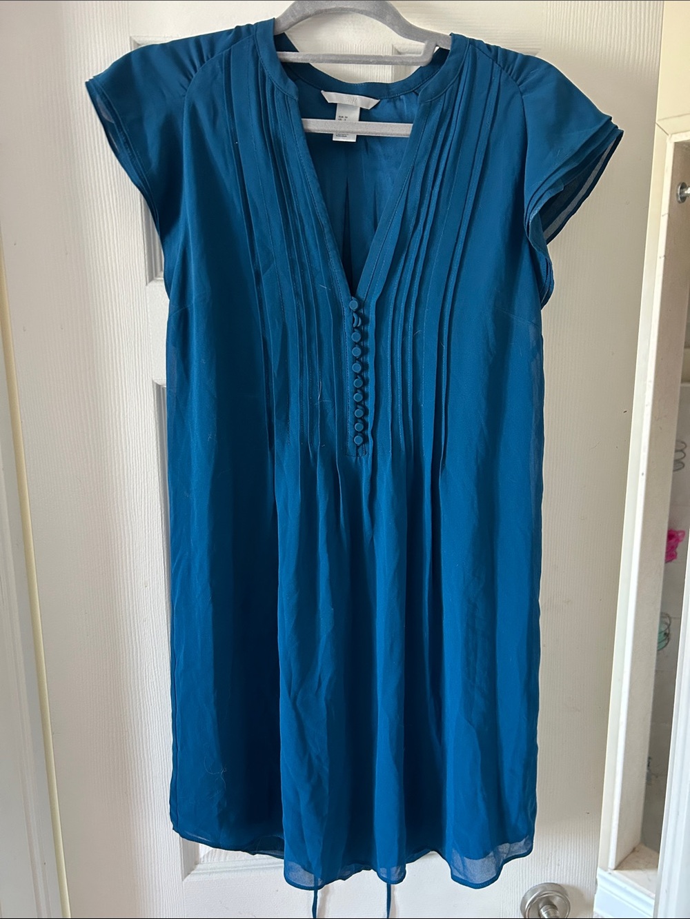 H&M Teal Pleated V-Neck Tunic with Covered Buttons